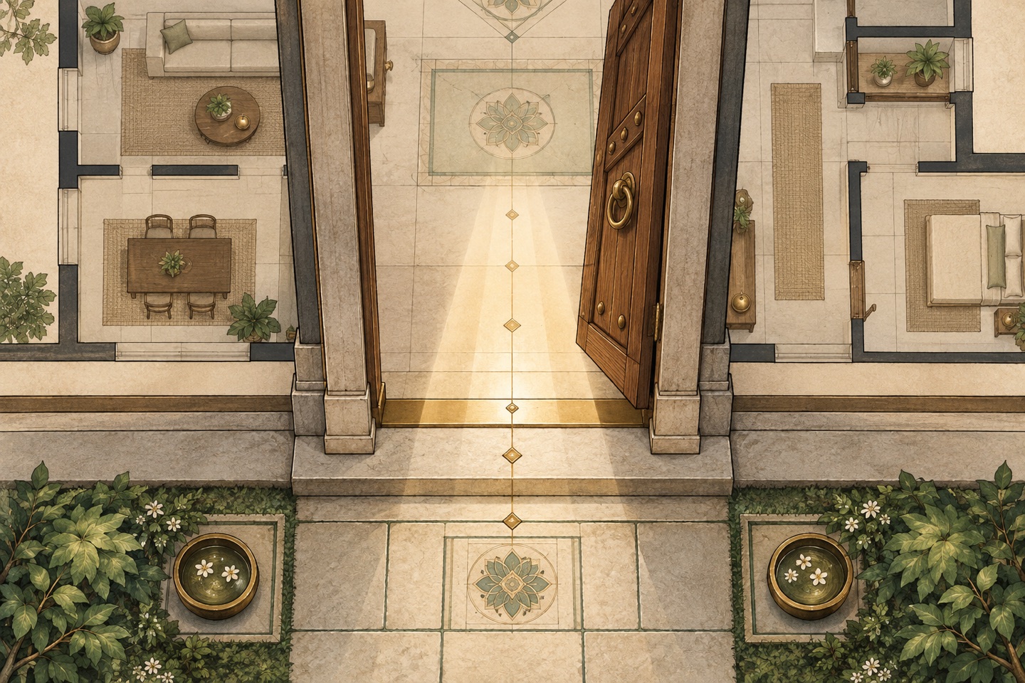 An open front door seen from above with a measured path of light entering the home