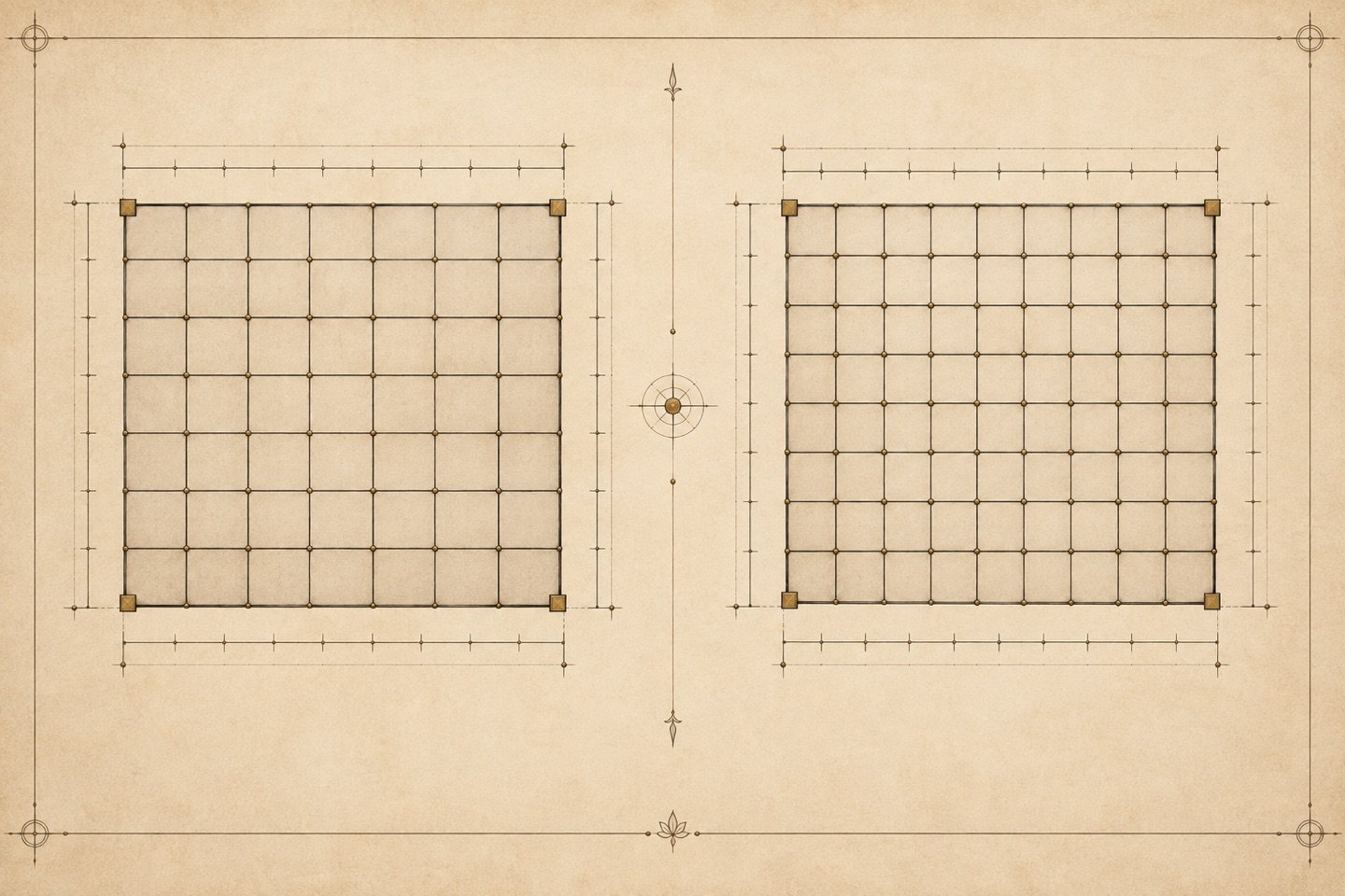 Two measured square grids shown side by side for comparison on architectural paper