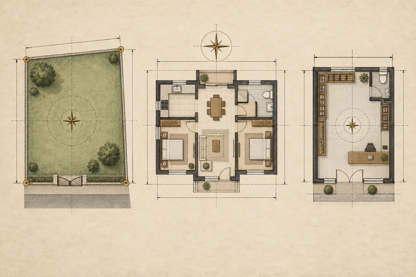 Three measured studies showing a plot, a home plan, and a small office or shop plan